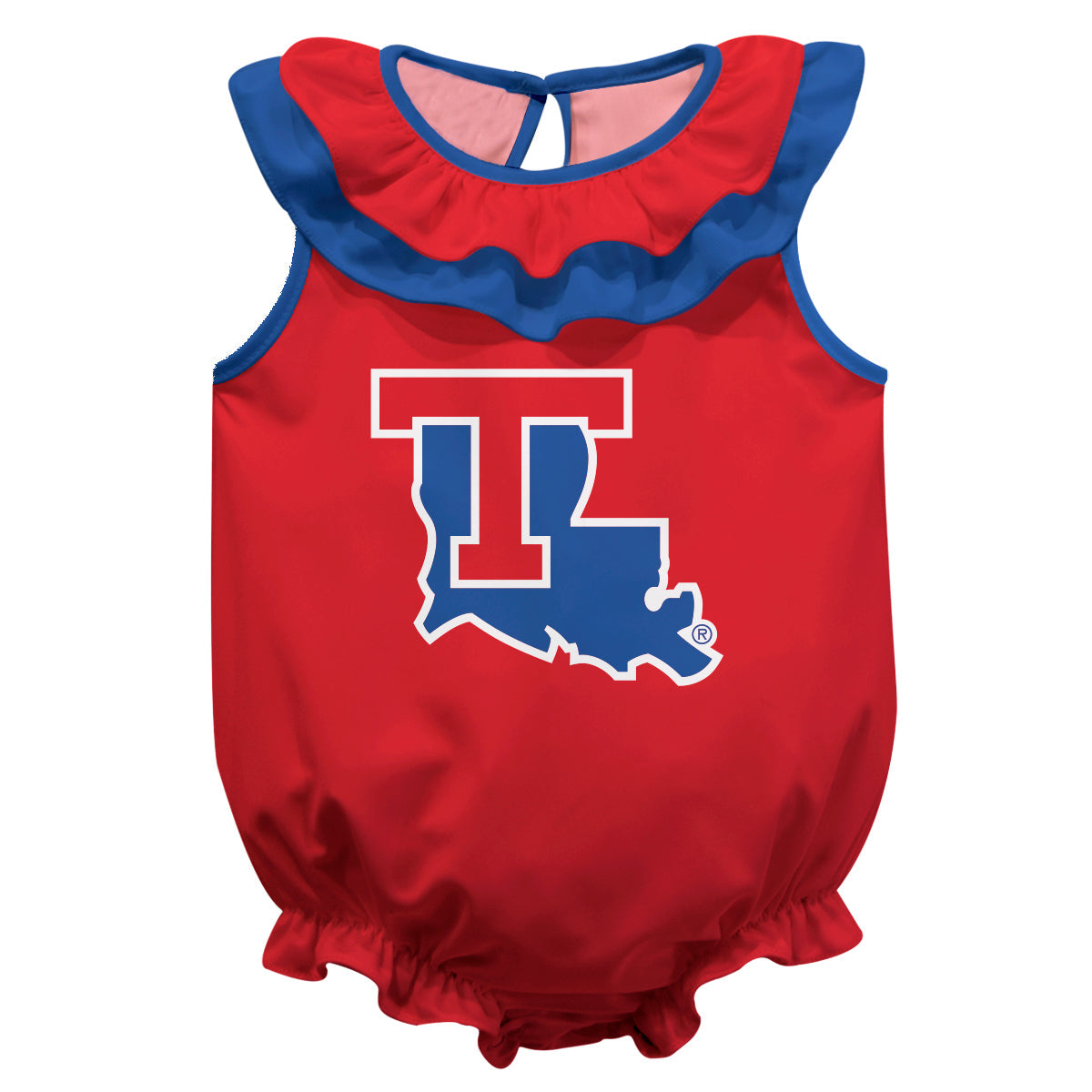 Louisiana Tech Bulldogs Red Sleeveless Ruffle One Piece Jumpsuit Logo Bodysuit by Vive La Fete