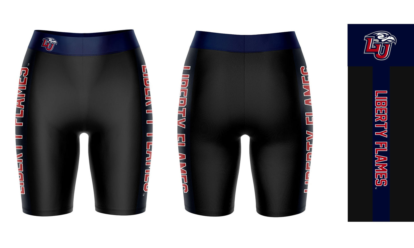 Liberty Flames Vive La Fete Game Day Logo on Waistband and Navy Stripes Black Women Bike Short 9 Inseam"