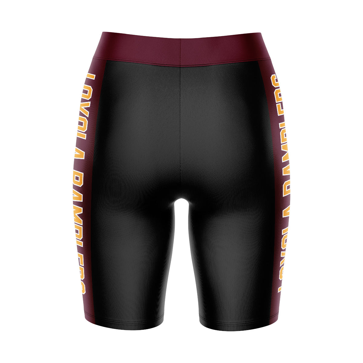 Loyola Ramblers LUC Vive La Fete Game Day Logo on Waistband and Maroon Stripes Black Women Bike Short 9 Inseam"