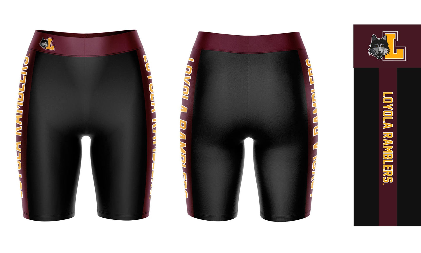 Loyola Ramblers LUC Vive La Fete Game Day Logo on Waistband and Maroon Stripes Black Women Bike Short 9 Inseam"