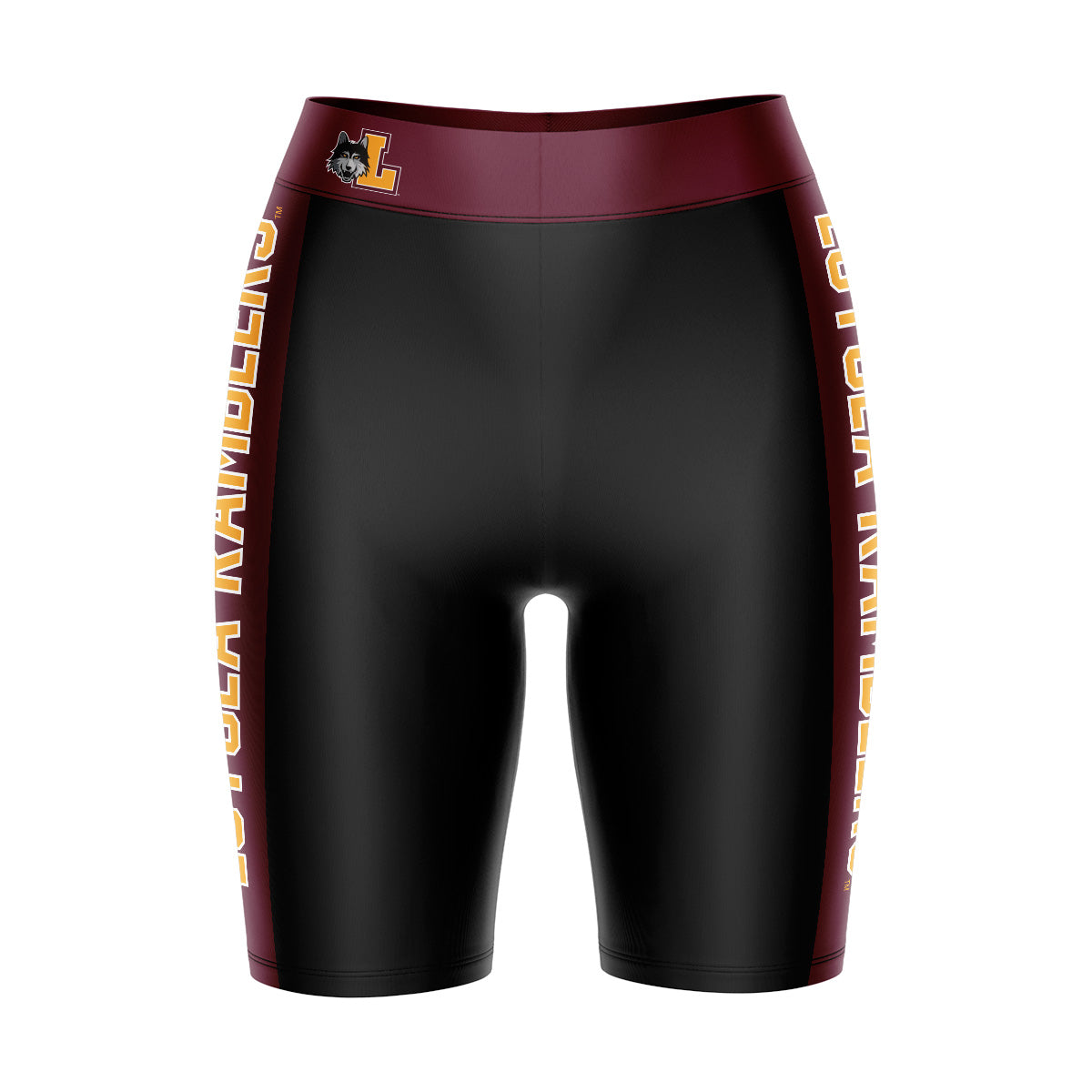Loyola Ramblers LUC Vive La Fete Game Day Logo on Waistband and Maroon Stripes Black Women Bike Short 9 Inseam"