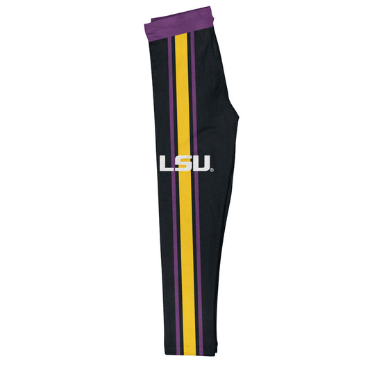 LSU Tigers Purple Waist Gold And Purple Stripes Black Leggings