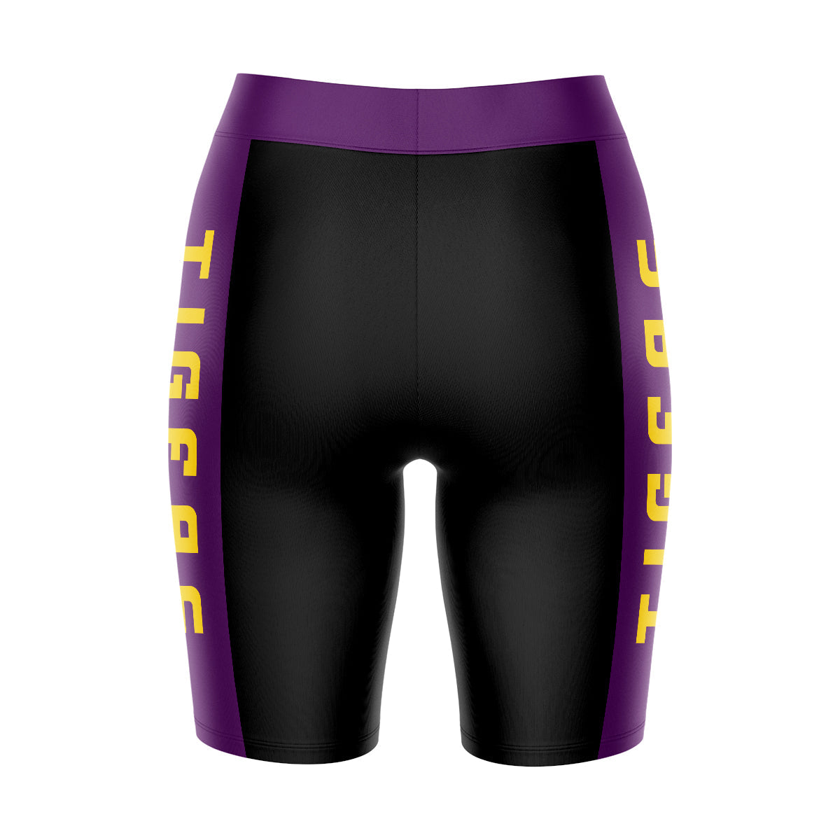 LSU Tigers Vive La Fete Game Day Logo on Waistband and Purple Stripes Black Women Bike Short 9 Inseam