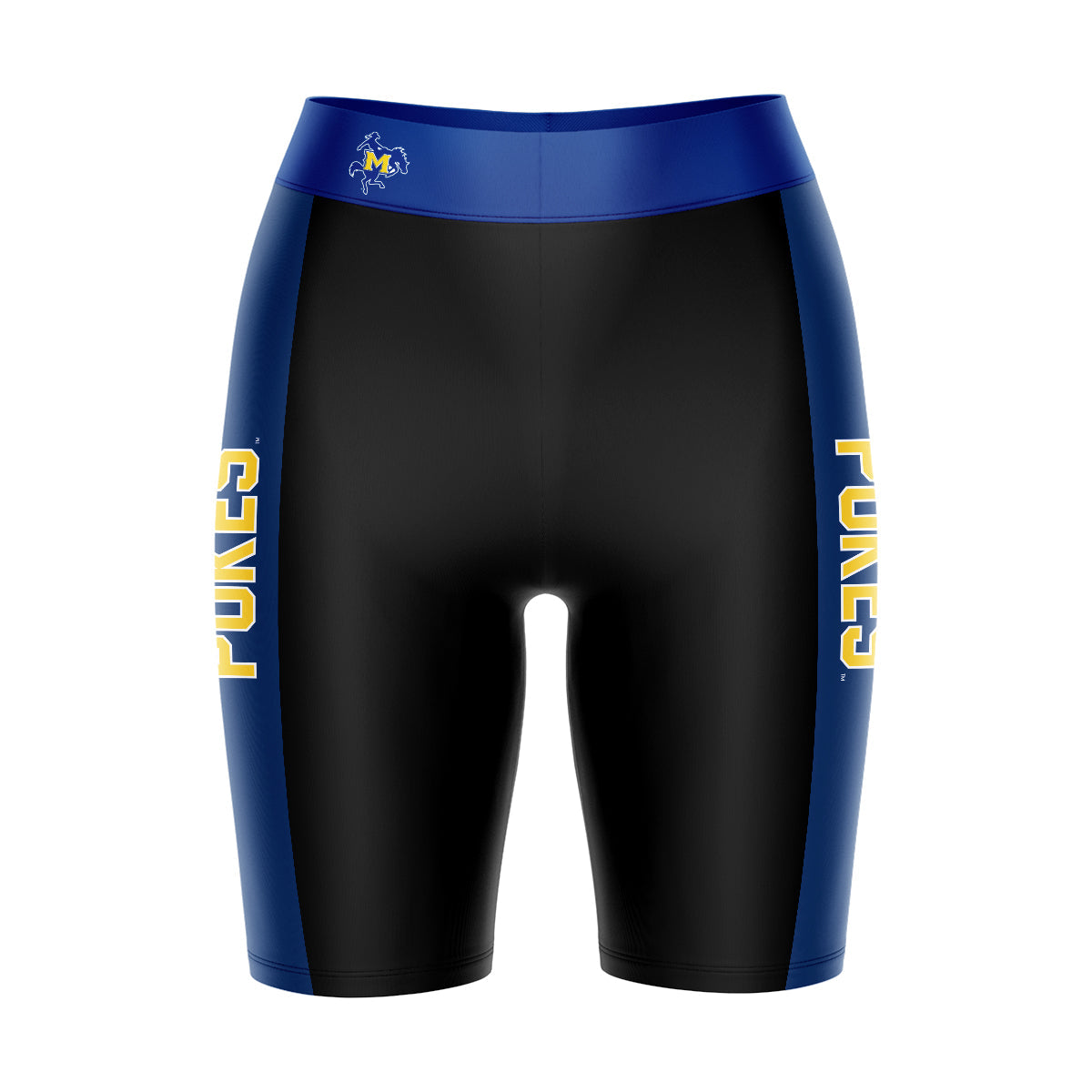 McNeese State Cowboys Vive La Fete Game Day Logo on Waistband and Blue Stripes Black Women Bike Short 9 Inseam