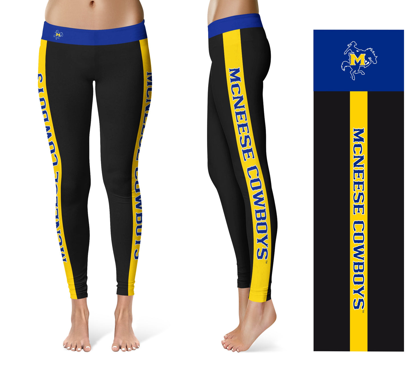 McNeese State University Cowboys Vive La Fete Game Day Collegiate Gold Stripes Women Black Yoga Leggings 2 Waist Tights