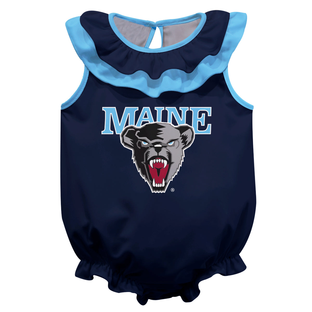 Maine Black Bears Navy Sleeveless Ruffle One Piece Jumpsuit Logo Bodysuit by Vive La Fete