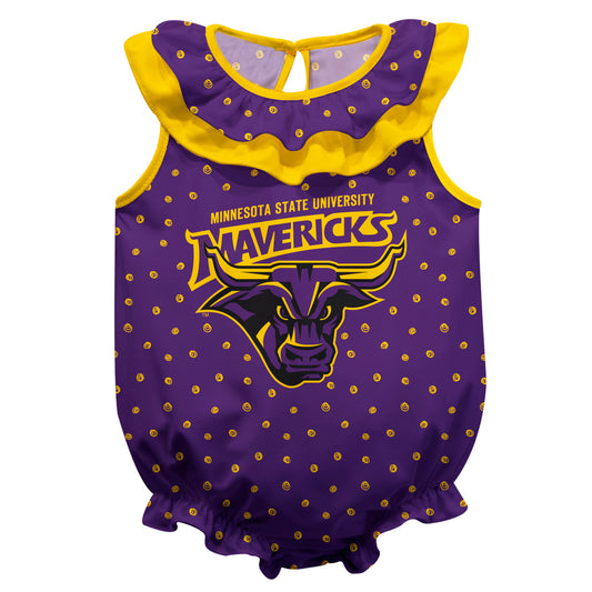 Minnesota State Mavericks Swirls Purple Sleeveless Ruffle One Piece Jumpsuit Logo Bodysuit by Vive La Fete