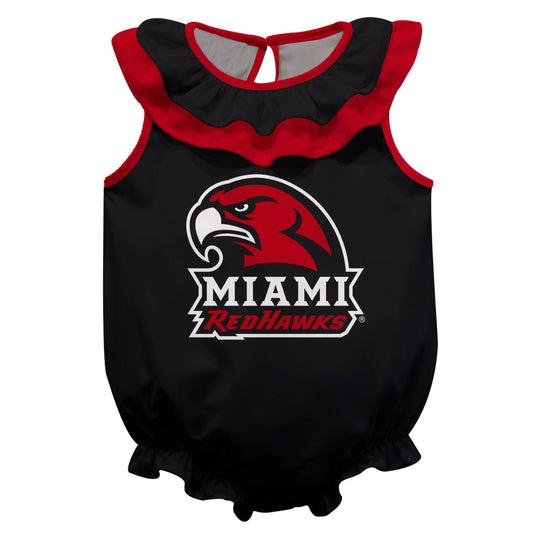 Miami Ohio RedHawks Black Sleeveless Ruffle One Piece Jumpsuit Logo Bodysuit by Vive La Fete