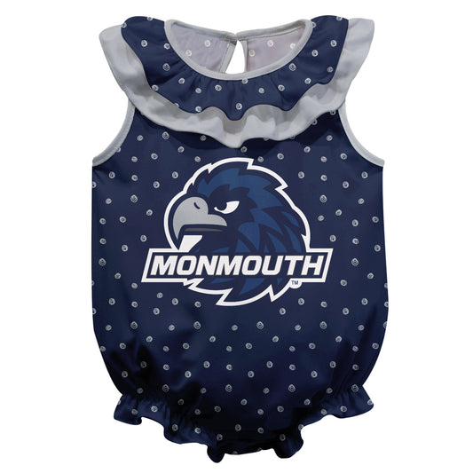 Monmouth Hawks Swirls Navy Sleeveless Ruffle One Piece Jumpsuit Logo Bodysuit by Vive La Fete