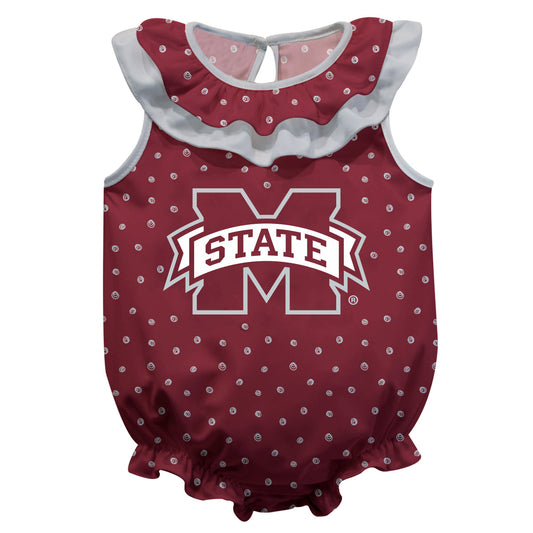 Mississippi State Bulldogs Swirls Maroon Sleeveless Ruffle One Piece Jumpsuit Logo Bodysuit by Vive La Fete