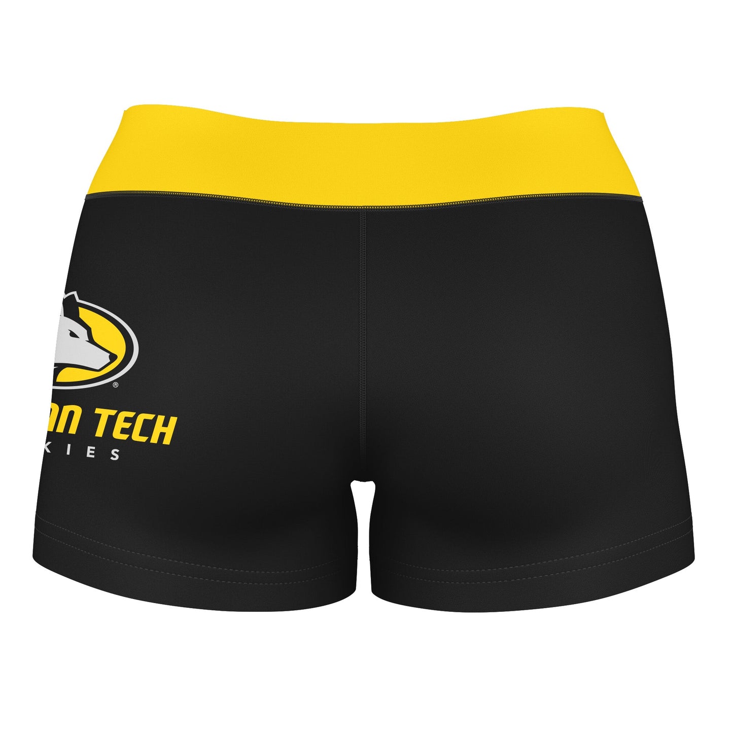 Michigan Tech Huskies MTU Vive La Fete Logo on Thigh and Waistband Black & Gold Women Booty Workout Shorts 3.75 Inseam" - Vive La F̻te - Online Apparel Store