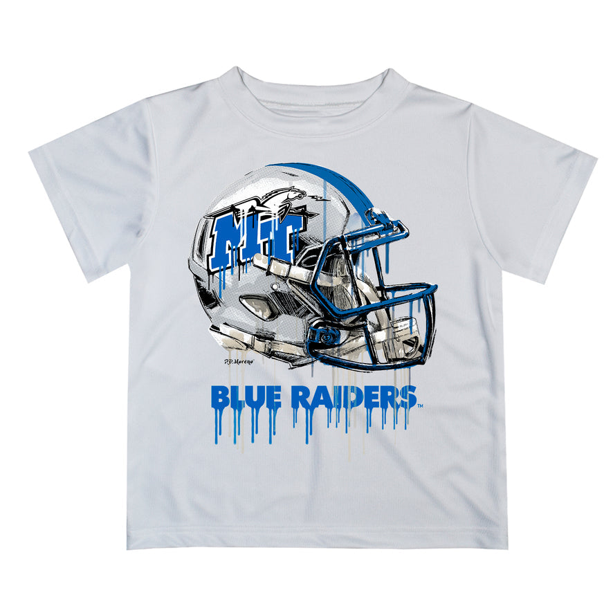 Vive La Fete Collegiate MTSU Blue Raiders Original Dripping Football Helmet White T-Shirt for Boys by Vive La Fete, Youth - S