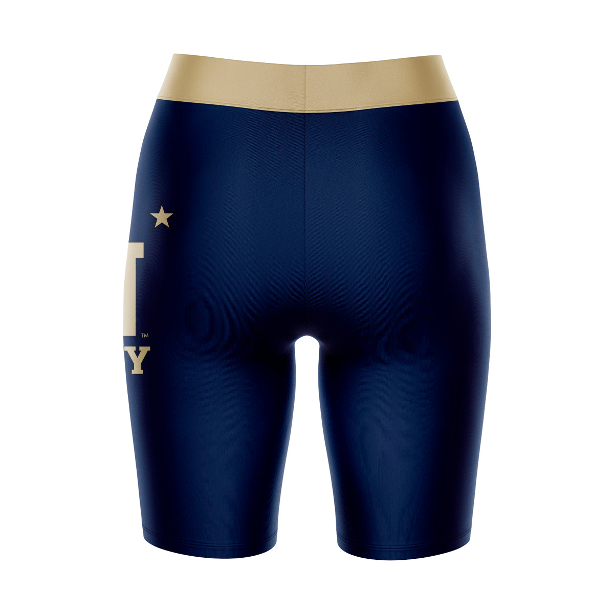 US Naval Academy Midshipmen Vive La Fete Game Day Logo on Thigh and Waistband Navy and Gold Women Bike Short 9 Inseam