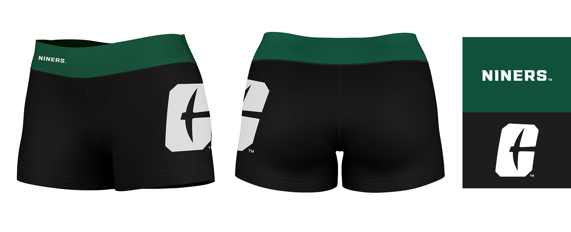 UNC Charlotte 49ers Vive La Fete Logo on Thigh & Waistband Black & Green Women Yoga Booty Workout Shorts 3.75 Inseam - Vive La F̻te - Online Apparel Store