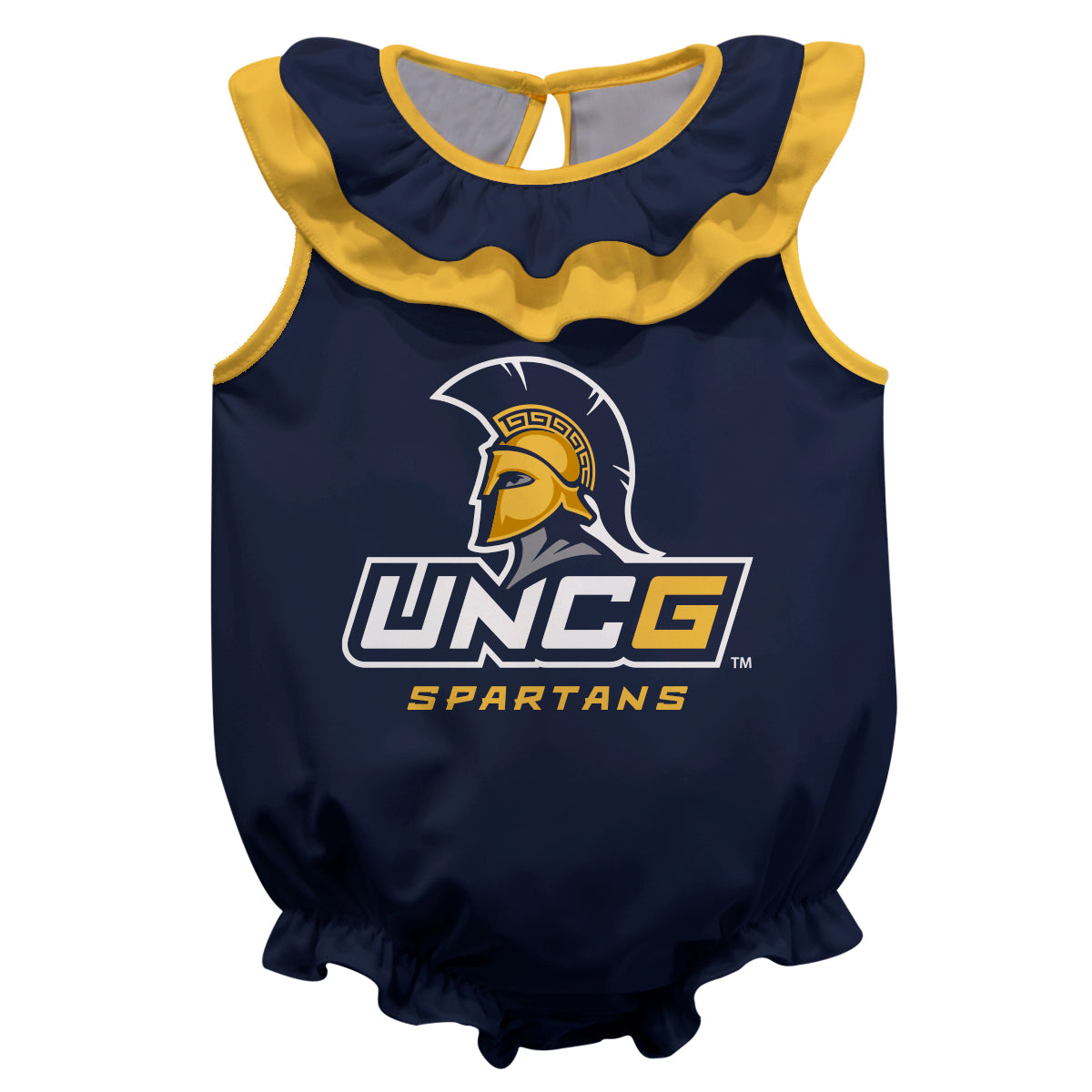 UNCG Spartans Blue Sleeveless Ruffle One Piece Jumpsuit Logo Bodysuit by Vive La Fete