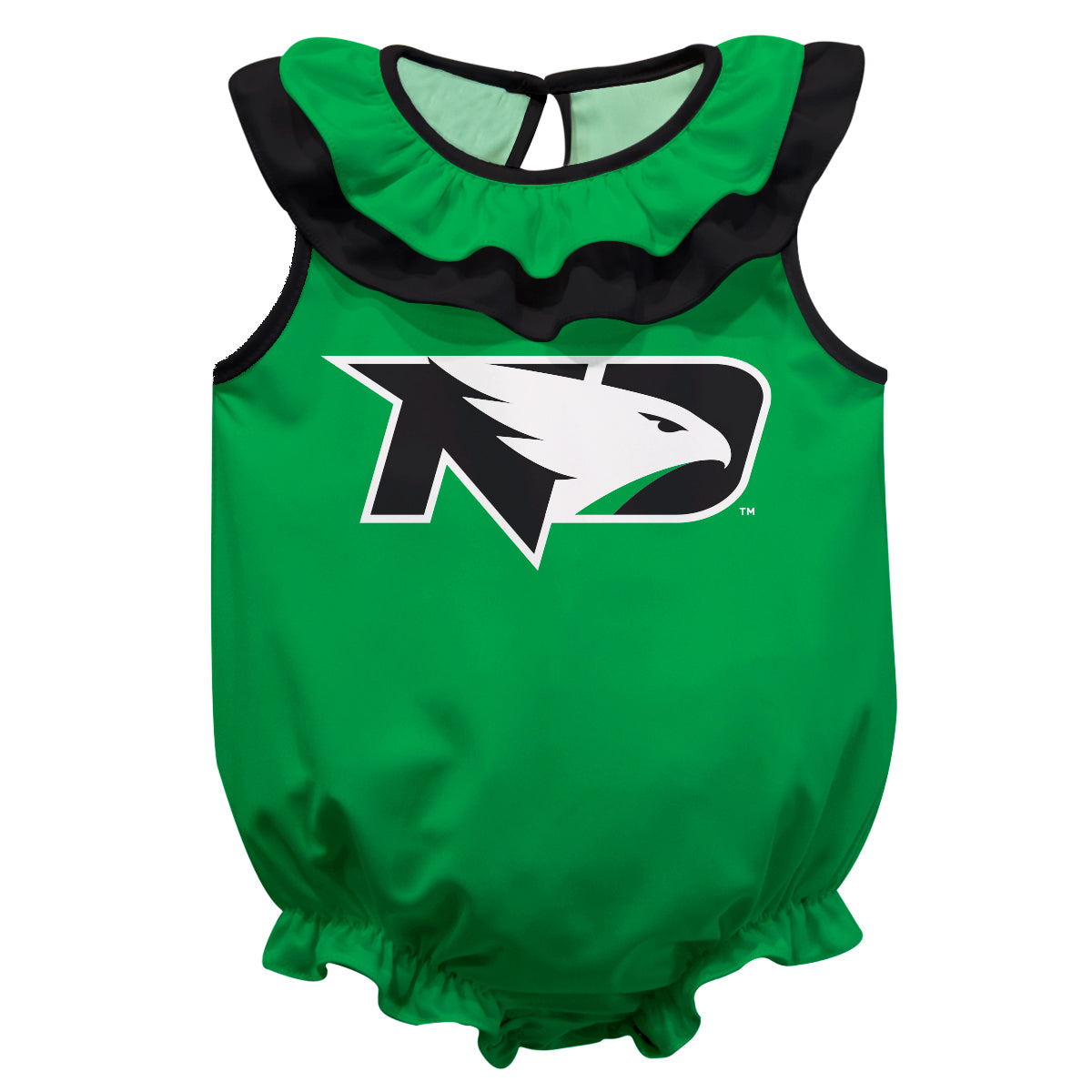 North Dakota Fighting Hawks Green Sleeveless Ruffle One Piece Jumpsuit Logo Bodysuit by Vive La Fete
