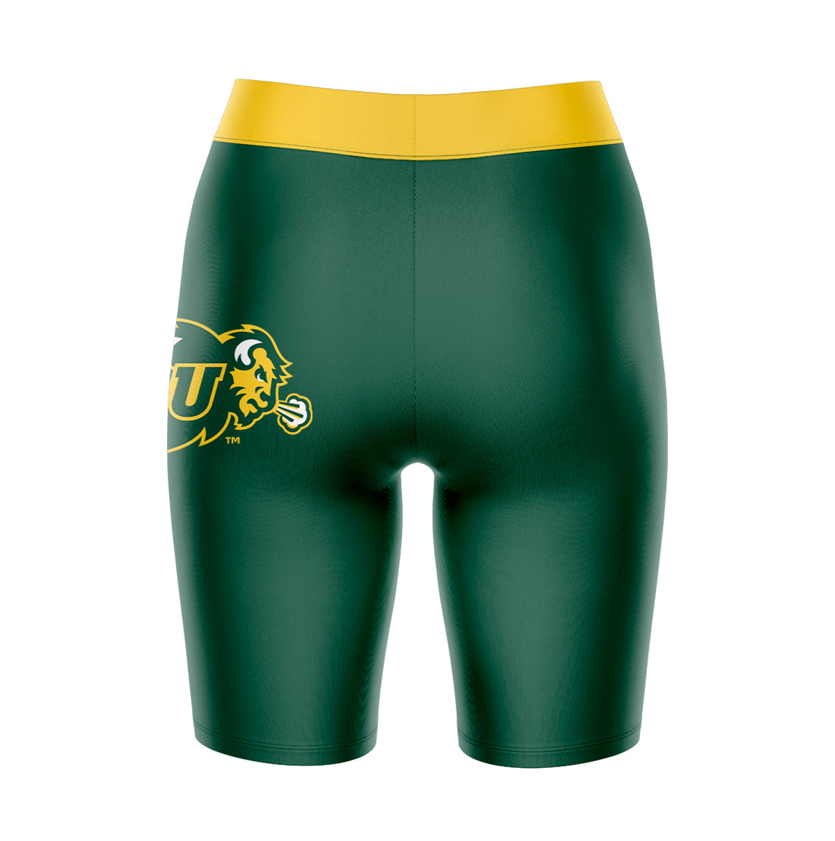 North Dakota Bison Vive La Fete Game Day Logo on Thigh and Waistband Green and Gold Women Bike Short 9 Inseam