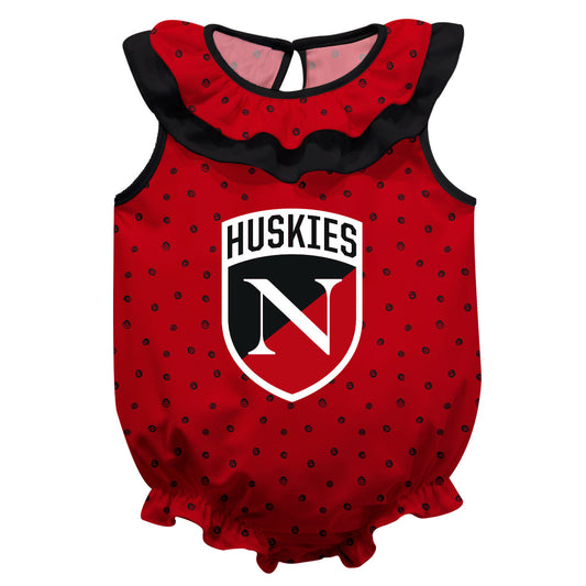 Northeastern University Huskies Swirls Red Sleeveless Ruffle One Piece Jumpsuit Logo Bodysuit by Vive La Fete