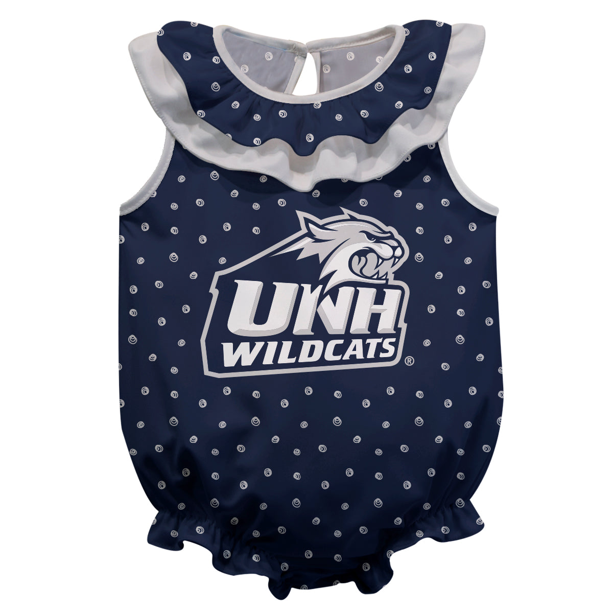 New Hampshire Wildcats UNH Swirls Navy Sleeveless Ruffle One Piece Jumpsuit Logo Bodysuit by Vive La Fete