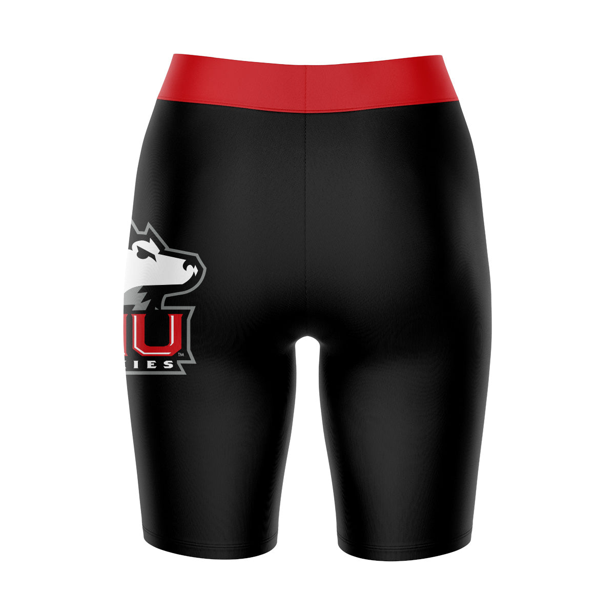 NIU Huskies Vive La Fete Game Day Logo on Thigh and Waistband Black and Red Women Bike Short 9 Inseam"