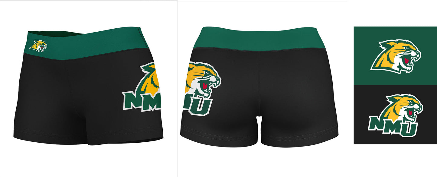Northern Michigan Wildcats Vive La Fete Logo on Thigh & Waistband Black & Green Women Yoga Booty Workout Shorts 3.75 Ins - Vive La F̻te - Online Apparel Store