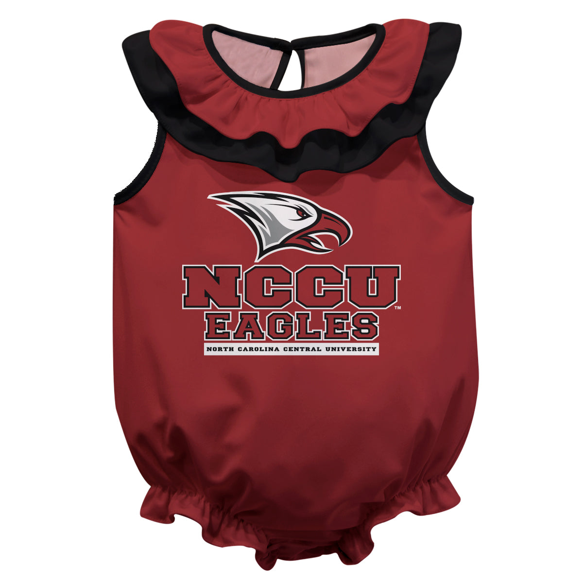 North Carolina Central Eagles Maroon Sleeveless Ruffle One Piece Jumpsuit Logo Bodysuit by Vive La Fete