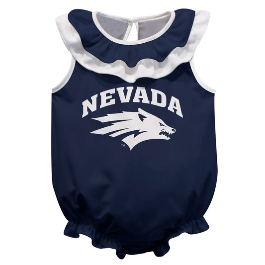 University of Nevada Reno Wolfpack Navy Sleeveless Ruffle One Piece Jumpsuit Logo Bodysuit by Vive La Fete