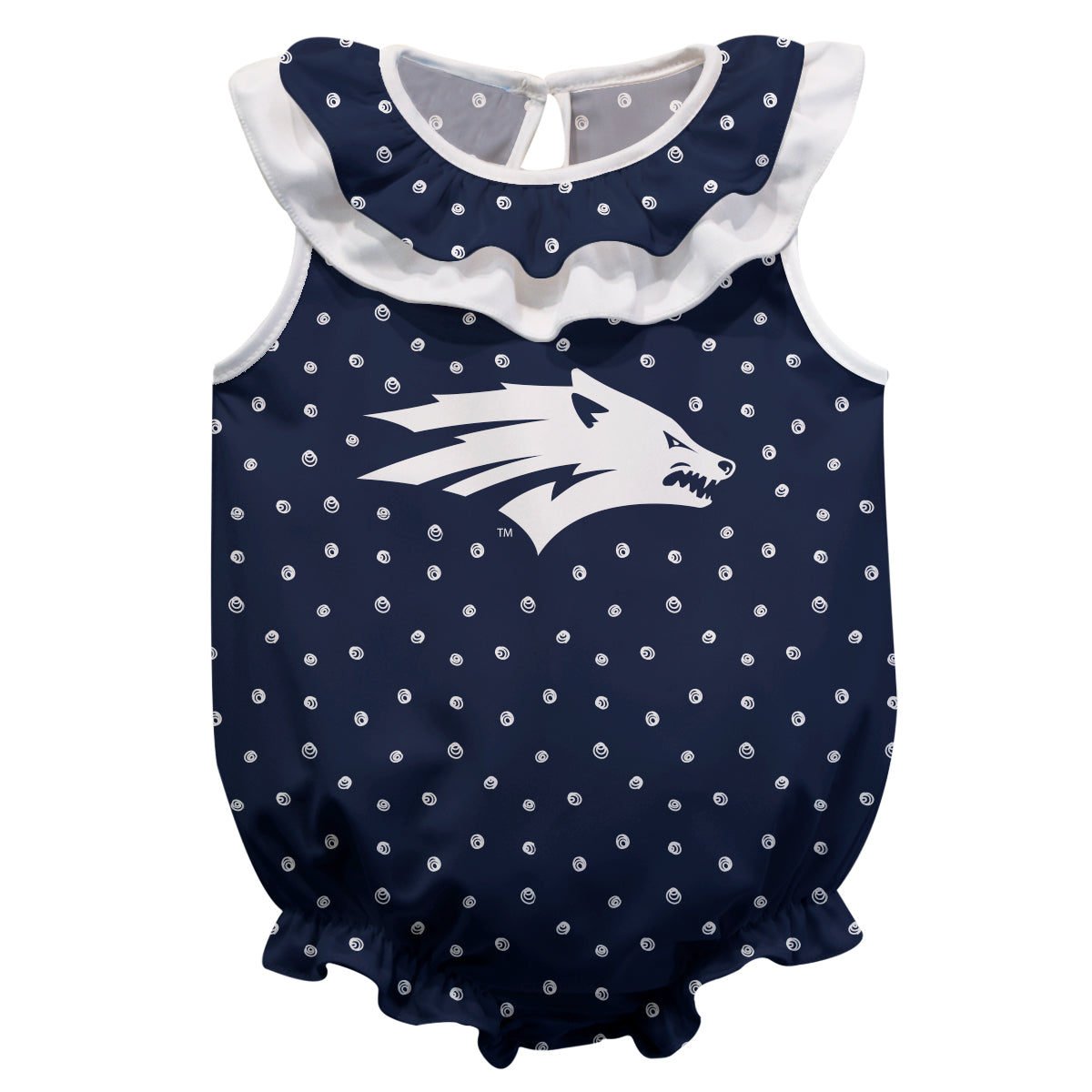 Nevada Wolfpack UNR Swirls Navy Sleeveless Ruffle One Piece Jumpsuit Logo Bodysuit by Vive La Fete