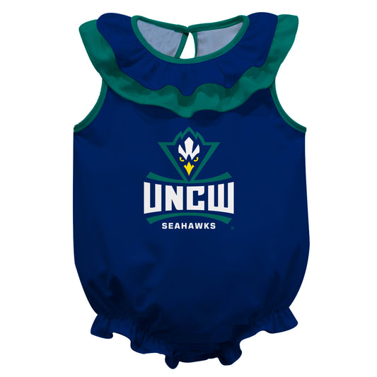 University of North Carolina Seahawks UNCW Navy Sleeveless Ruffle One Piece Jumpsuit Logo Bodysuit by Vive La Fete