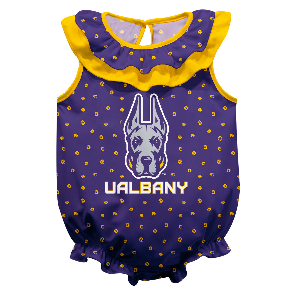UALBANY Great Danes Swirls Purple Sleeveless Ruffle One Piece Jumpsuit Logo Bodysuit by Vive La Fete