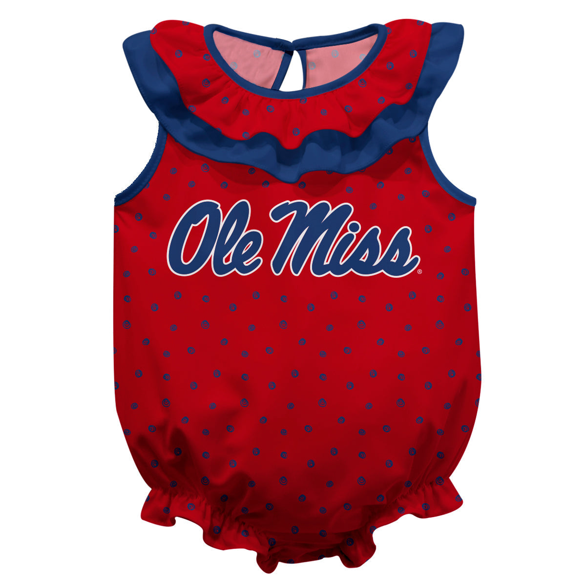 Ole Miss Rebels Swirls Red Sleeveless Ruffle One Piece Jumpsuit Logo Bodysuit by Vive La Fete