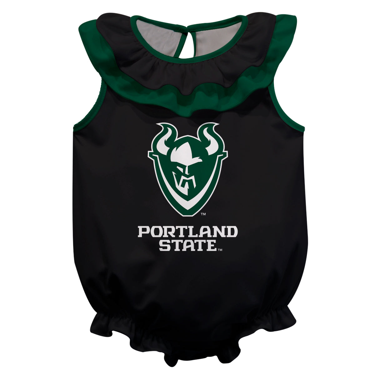 Portland State Vikings Black Sleeveless Ruffle One Piece Jumpsuit Mascot Bodysuit by Vive La Fete