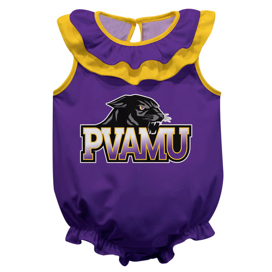 Prairie View A&M University Panthers PVAMU Purple Sleeveless Ruffle One Piece Jumpsuit Logo Bodysuit by Vive La Fete