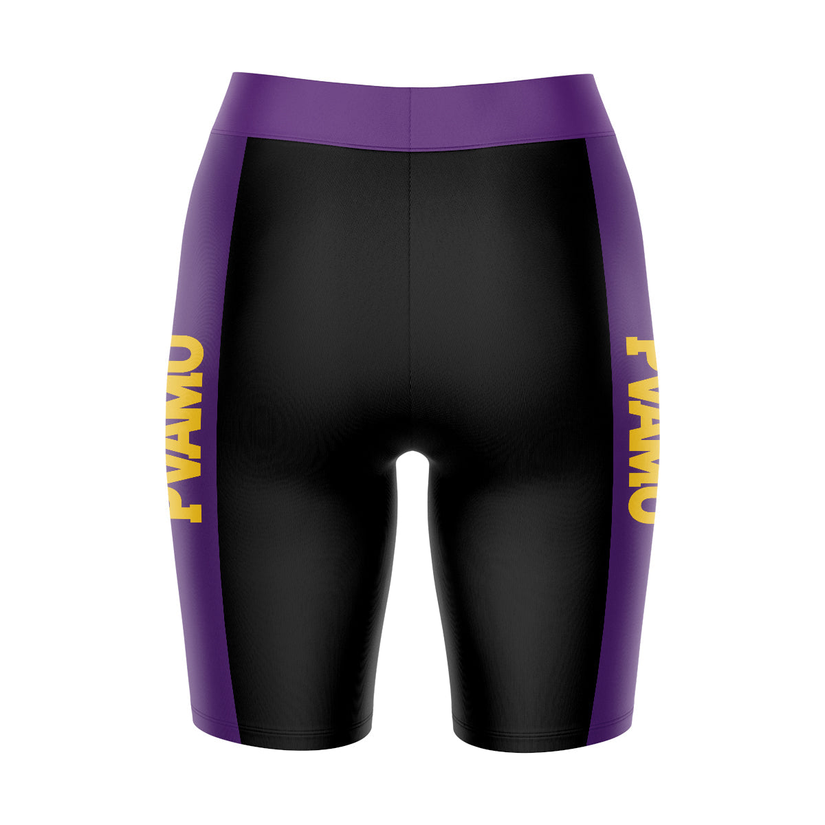 Praire View A&M Panthers Vive La Fete Game Day Logo on Waistband and Purple Stripes Black Women Bike Short 9 Inseam