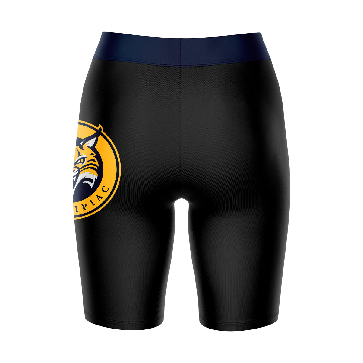 Quinnipiac Bobcats Vive La Fete Game Day Logo on Thigh and Waistband Black and Navy Women Bike Short 9 Inseam