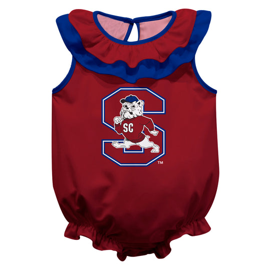 South Carolina State Bulldogs Maroon Sleeveless Ruffle One Piece Jumpsuit Logo Bodysuit by Vive La Fete