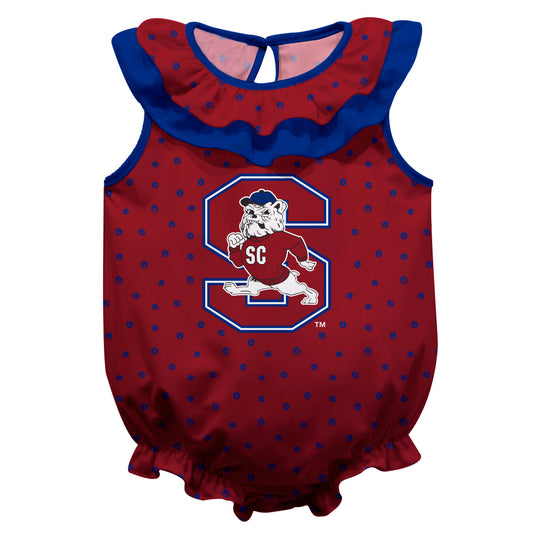 South Carolina State Bulldogs Swirls Red Sleeveless Ruffle One Piece Jumpsuit Logo Bodysuit by Vive La Fete
