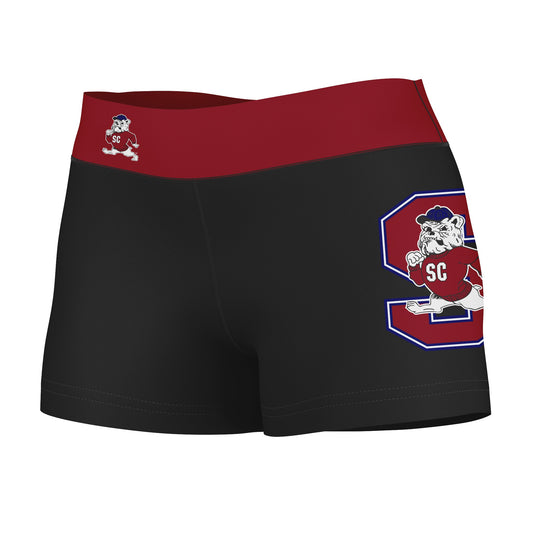 South Carolina State Bulldogs Logo on Thigh & Waistband Black & Red Women Yoga Booty Workout Shorts 3.75 Inseam