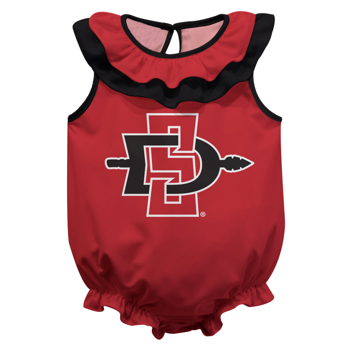 San Diego State University Aztecs SDSU Red Sleeveless Ruffle One Piece Jumpsuit Logo Bodysuit by Vive La Fete