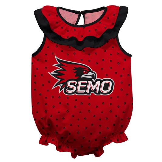 Southeast Missouri Redhawks Swirls Red Sleeveless Ruffle One Piece Jumpsuit Logo Bodysuit by Vive La Fete