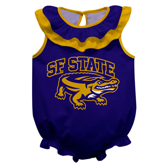 San Francisco State Gators SFSU Purple Sleeveless Ruffle One Piece Jumpsuit Logo Bodysuit by Vive La Fete