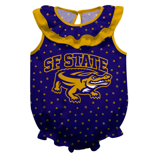 SFSU Gators Swirls Purple Sleeveless Ruffle One Piece Jumpsuit Logo Bodysuit by Vive La Fete