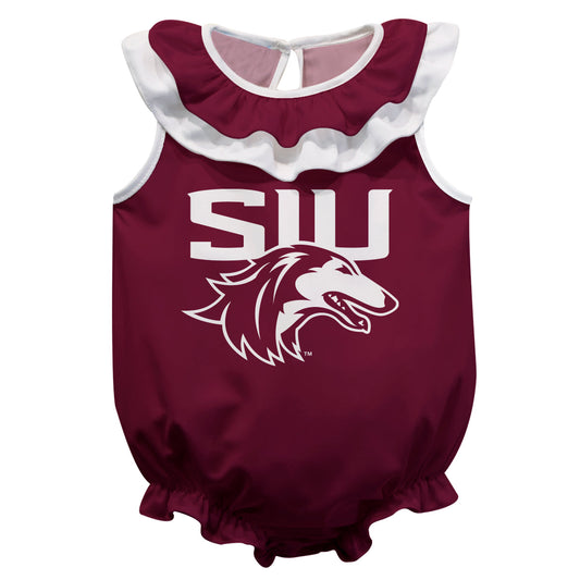 Southern Illinois Salukis SIU Maroon Sleeveless Ruffle One Piece Jumpsuit Logo Bodysuit by Vive La Fete