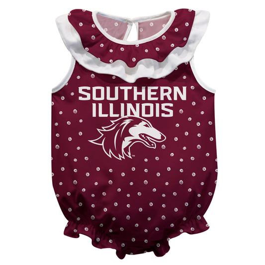 Southern Illinois Salukis SIU Swirls Maroon Sleeveless Ruffle One Piece Jumpsuit Logo Bodysuit by Vive La Fete