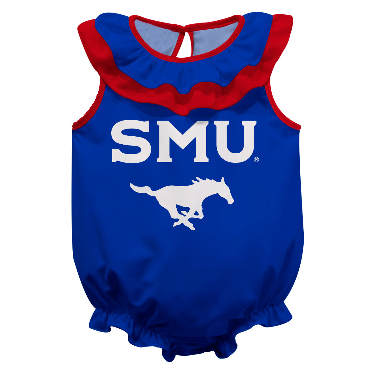SMU Mustangs Blue Sleeveless Ruffle One Piece Jumpsuit Logo Bodysuit by Vive La Fete