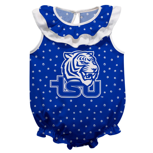 Tennessee State Tigers Swirls Blue Sleeveless Ruffle One Piece Jumpsuit Logo Bodysuit by Vive La Fete
