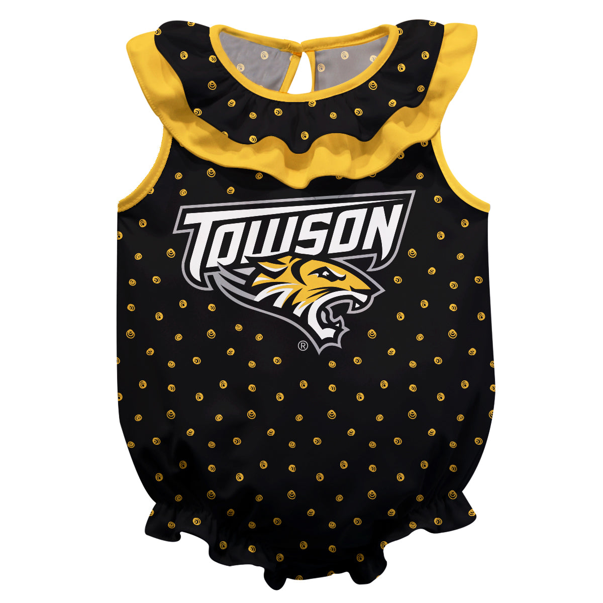 Towson University Tigers Swirls Black Sleeveless Ruffle One Piece Jumpsuit Logo Bodysuit by Vive La Fete
