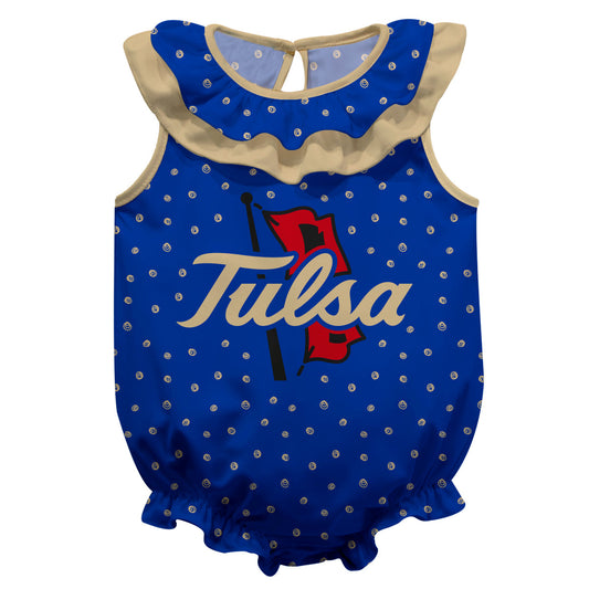 Tulsa Hurricanes Girls Game Day All Over Print Blue and Gold Sleeveless Ruffle One Piece Jumpsuit Mascot Bodysuit by Vive La Fete