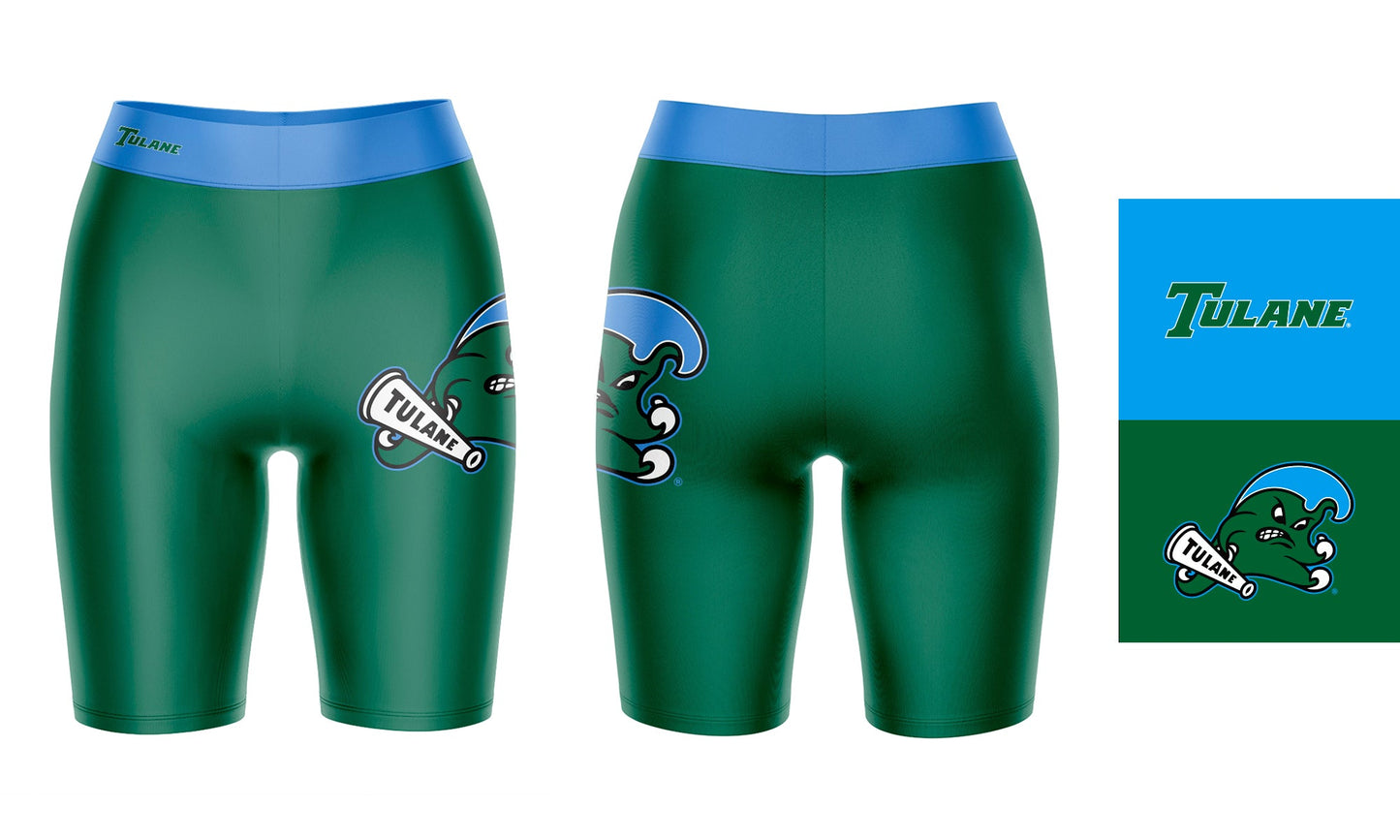 Tulane Green Wave Vive La Fete Game Day Logo on Thigh and Waistband Green and Blue Women Bike Short 9 Inseam