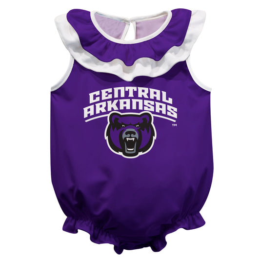 University of Central Arkansas Bears UCA Purple Sleeveless Ruffle One Piece Jumpsuit Logo Bodysuit by Vive La Fete